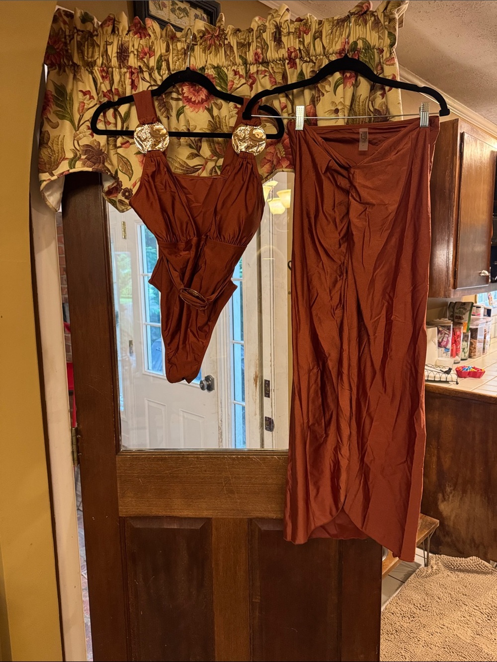 Rust Brown Two-Piece Swimsuit Set with Decorative Rings